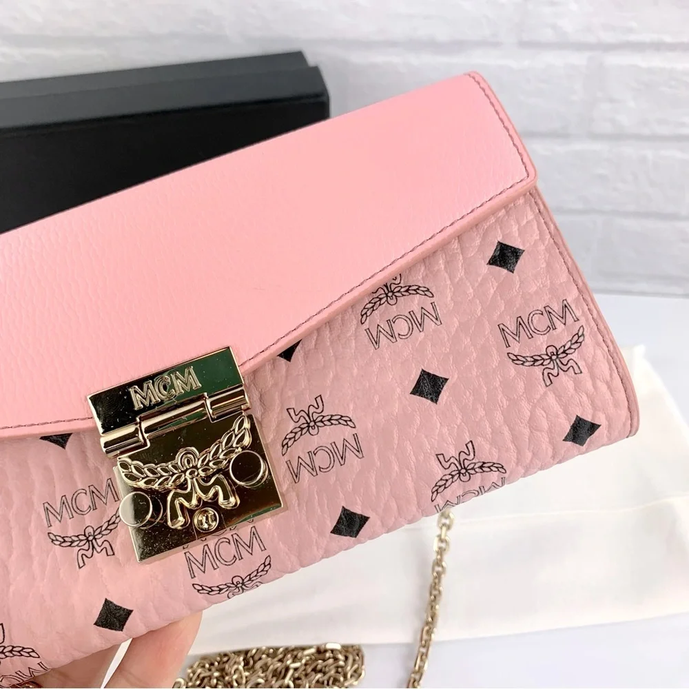 NEW! MCM Visetos Pink Diamond Pattern Tracy Wallet Chain Crossbody Bag $550 - Picture 13 of 16